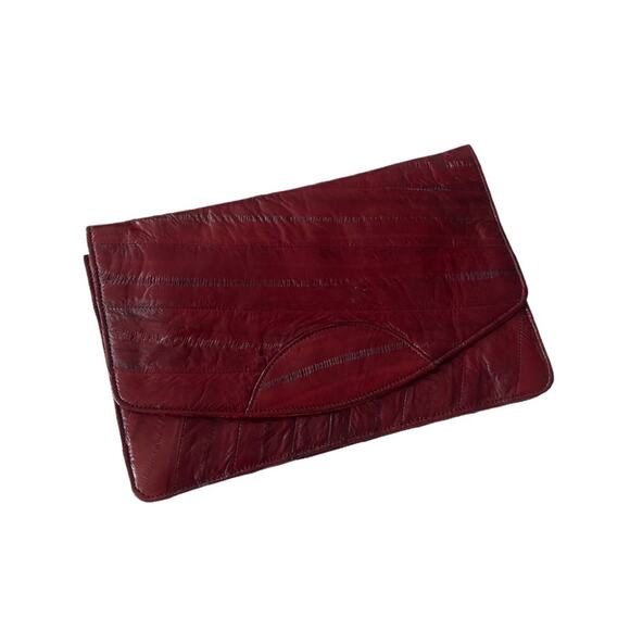 Vintage 1970s Eel Skin Clutch Bag Foldover Deep Red GUC - Picture 1 of 15